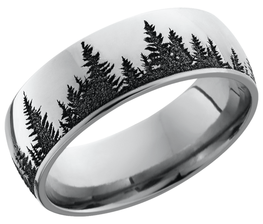 Cobalt chrome 8mm domed band with a laser-carved treeline pattern