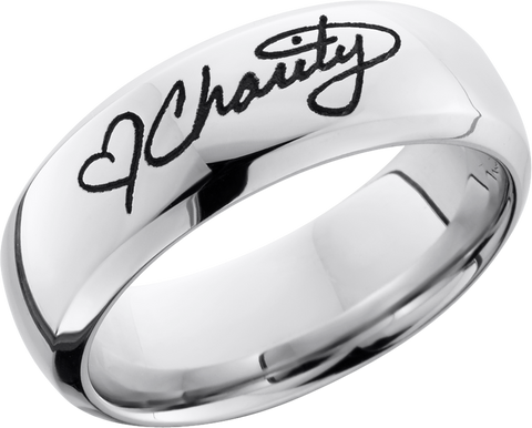 Cobalt chrome 8mm domed band with a laser-carved handwritten message