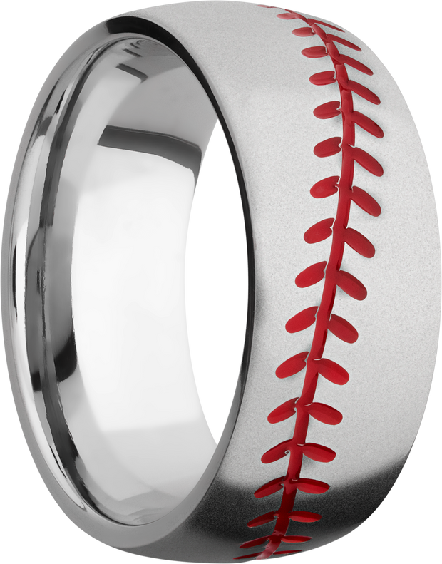 Cobalt chrome 8mm domed band with laser-carved baseball stitching and red Cerakote