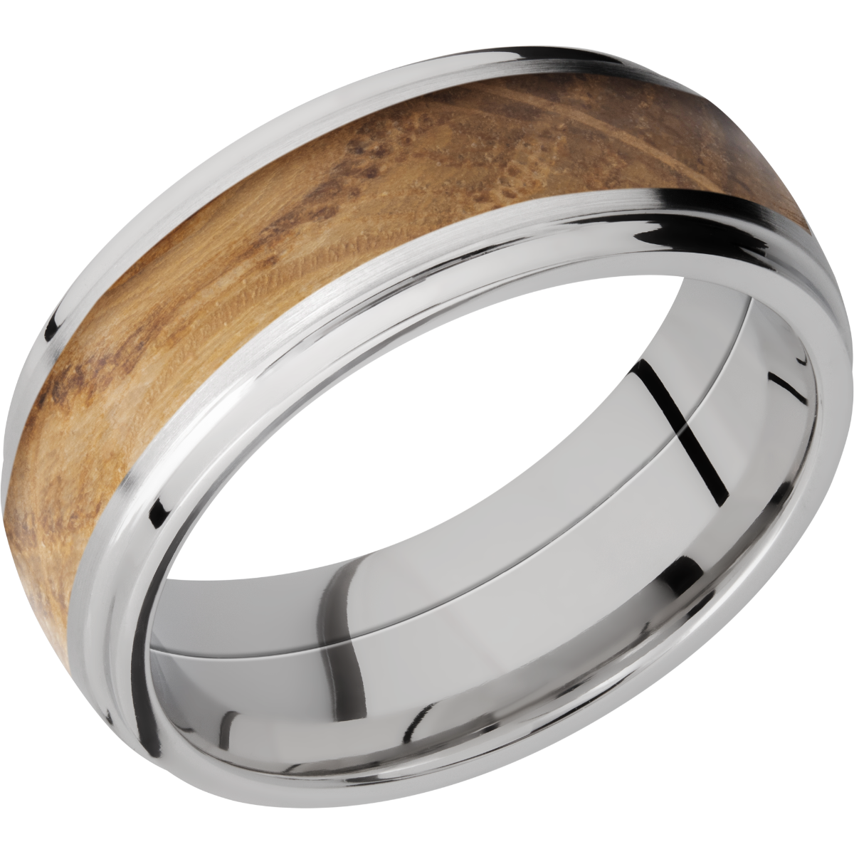 cobalt chrome 8mm domed band with grooved edges and an inlay of whiskey barrel hardwood