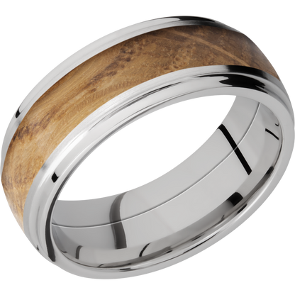 Cobalt chrome 8mm domed band with grooved edges and an inlay of Whiskey Barrel hardwood