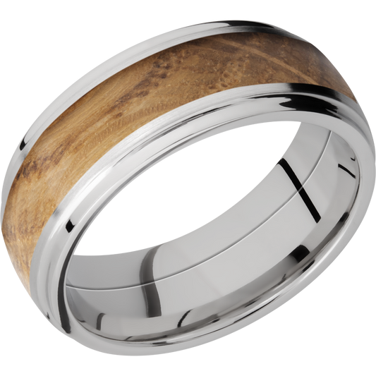 Cobalt chrome 8mm domed band with grooved edges and an inlay of Whiskey Barrel hardwood