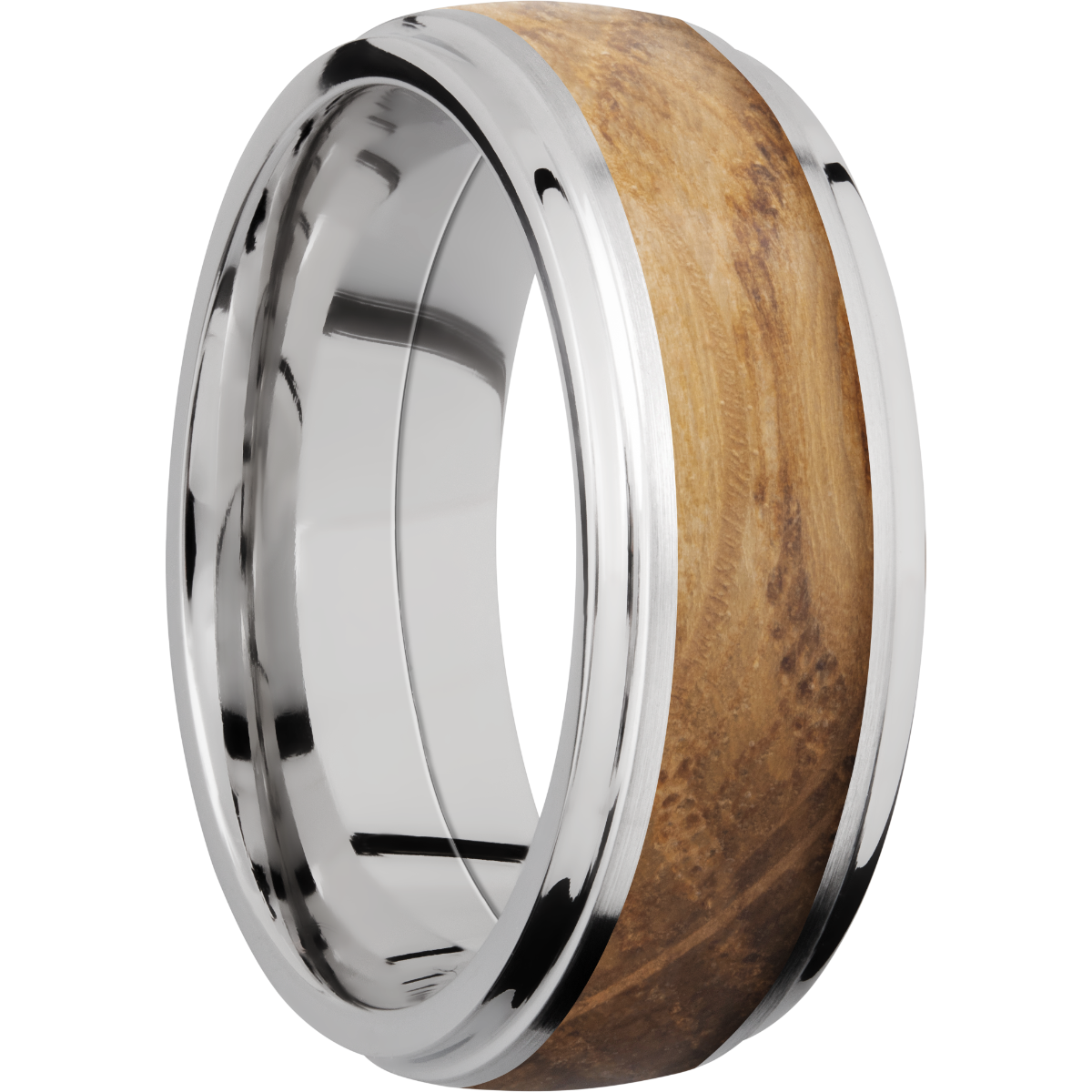 cobalt chrome 8mm domed band with grooved edges and an inlay of whiskey barrel hardwood