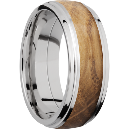 Cobalt chrome 8mm domed band with grooved edges and an inlay of Whiskey Barrel hardwood