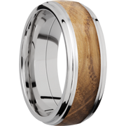 Cobalt chrome 8mm domed band with grooved edges and an inlay of Whiskey Barrel hardwood