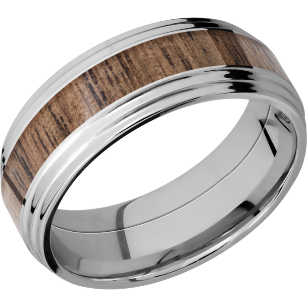 Cobalt chrome 8mm flat band with two stepped edges and an inlay of Walnut hardwood