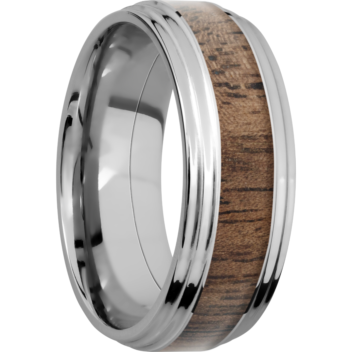 cobalt chrome 8mm flat band with two stepped edges and an inlay of walnut hardwood