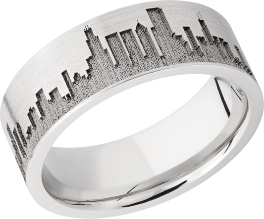 Cobalt chrome 8mm flat band with laser-carved Chicago skyline