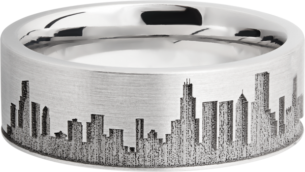 Cobalt chrome 8mm flat band with laser-carved Chicago skyline