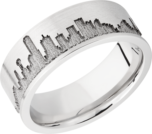 Cobalt chrome 8mm flat band with laser-carved Dallas skyline