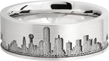 Cobalt chrome 8mm flat band with laser-carved Dallas skyline