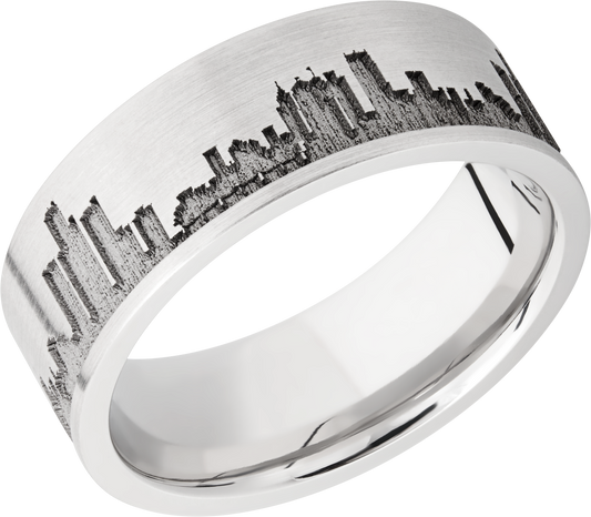 Cobalt chrome 8mm flat band with laser-carved Detroit skyline