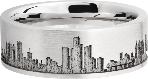 Cobalt chrome 8mm flat band with laser-carved Detroit skyline