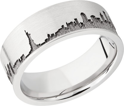 Cobalt chrome 8mm flat band with laser-carved New York skyline