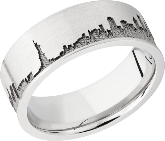 Cobalt chrome 8mm flat band with laser-carved New York skyline