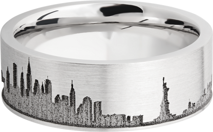 Cobalt chrome 8mm flat band with laser-carved New York skyline