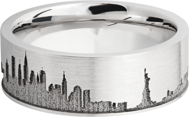 Cobalt chrome 8mm flat band with laser-carved New York skyline