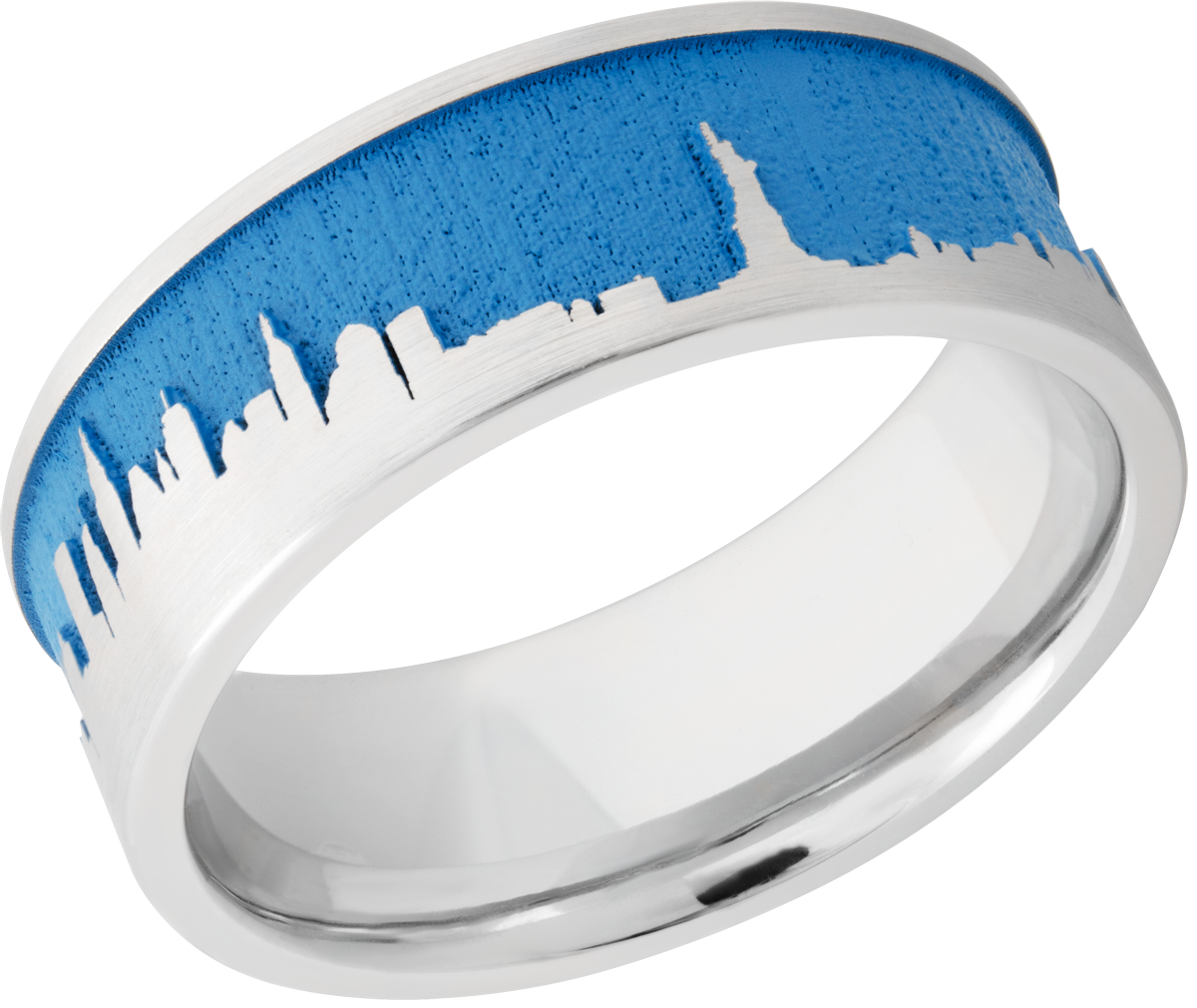 cobalt chrome 8mm flat band with a laser-carved new york skyline featuring sea blue cerakote in the recessed pattern