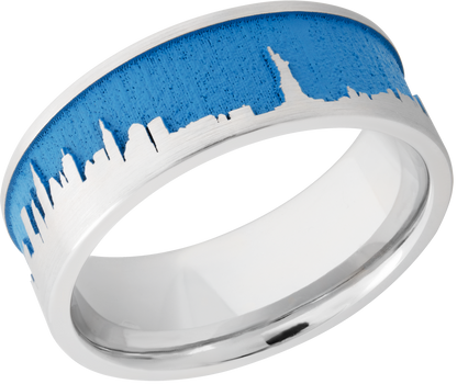 Cobalt chrome 8mm flat band with a laser-carved New York skyline featuring Sea Blue Cerakote in the recessed pattern