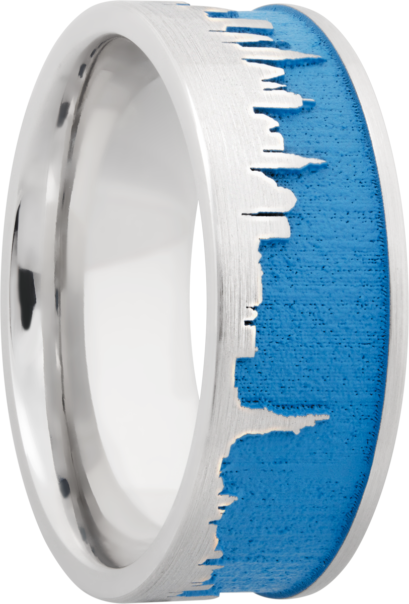 cobalt chrome 8mm flat band with a laser-carved new york skyline featuring sea blue cerakote in the recessed pattern