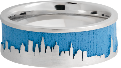 Cobalt chrome 8mm flat band with a laser-carved New York skyline featuring Sea Blue Cerakote in the recessed pattern