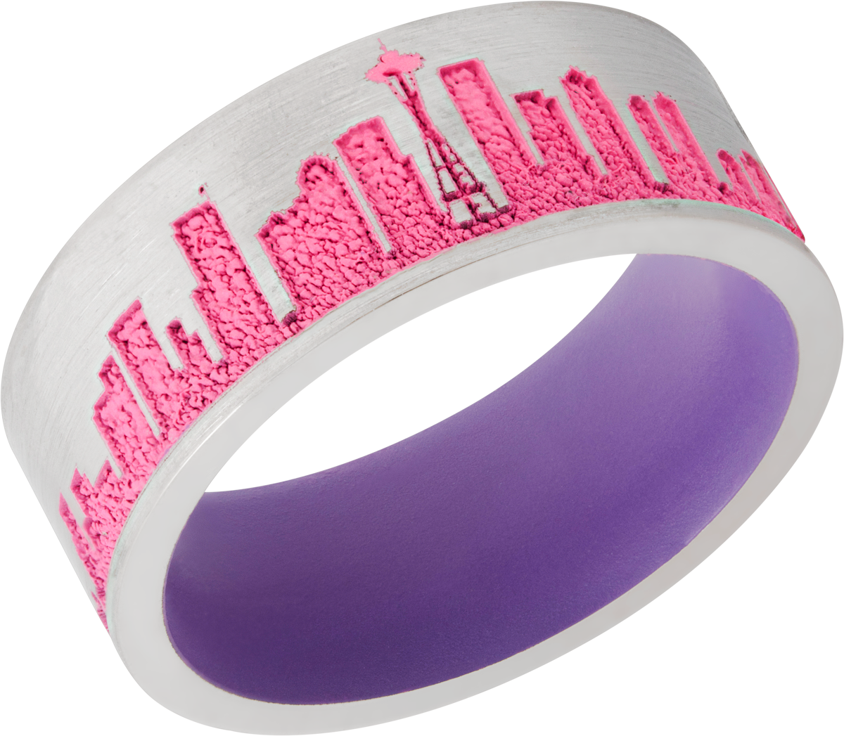 cobalt chrome 8mm flat band with a laser-carved new york skyline featuring pink cerakote in the recessed pattern and bright purple cerakote on the sleeve