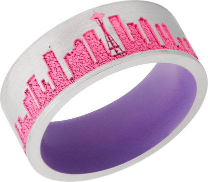 Cobalt chrome 8mm flat band with a laser-carved New York skyline featuring Pink Cerakote in the recessed pattern and Bright Purple Cerakote on the sleeve