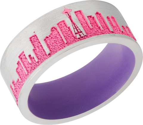 Cobalt chrome 8mm flat band with a laser-carved New York skyline featuring Pink Cerakote in the recessed pattern and Bright Purple Cerakote on the sleeve