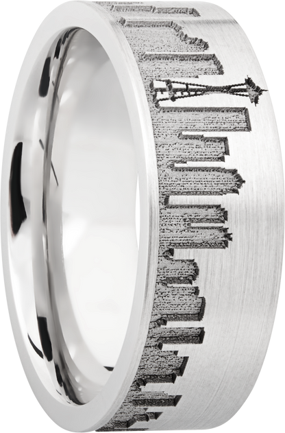 Cobalt chrome 8mm flat band with laser-carved Seattle skyline