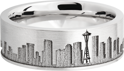 Cobalt chrome 8mm flat band with laser-carved Seattle skyline