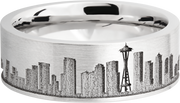 Cobalt chrome 8mm flat band with laser-carved Seattle skyline