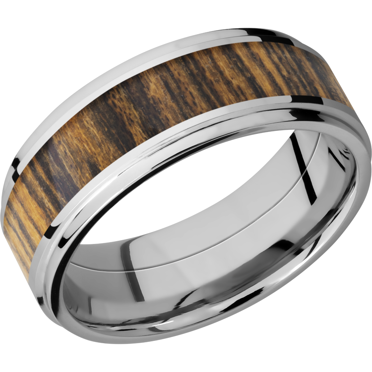 cobalt chrome 8mm flat band with grooved edges and an inlay of bocote hardwood