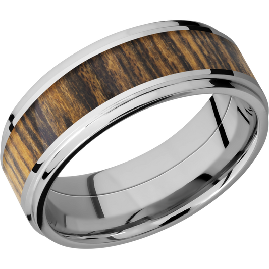 Cobalt chrome 8mm flat band with grooved edges and an inlay of Bocote hardwood