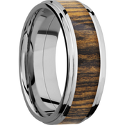 Cobalt chrome 8mm flat band with grooved edges and an inlay of Bocote hardwood