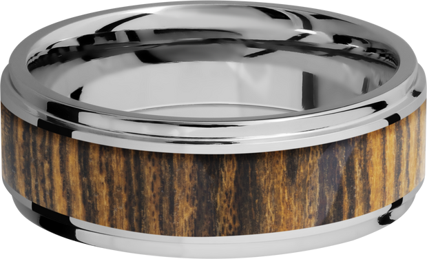 Cobalt chrome 8mm flat band with grooved edges and an inlay of Bocote hardwood