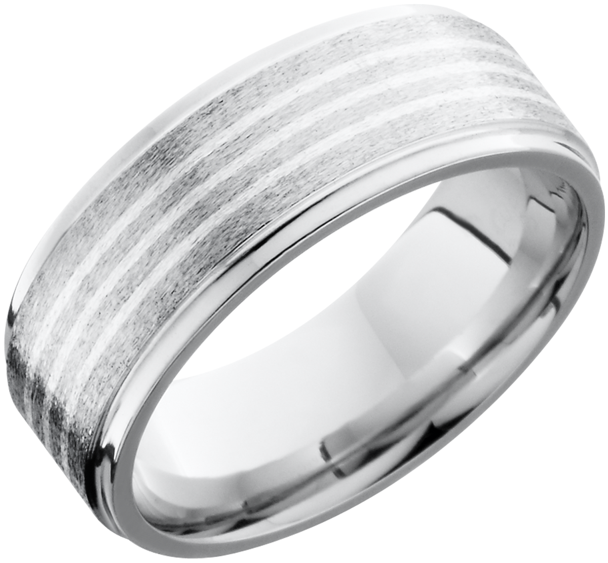 cobalt chrome 8mm flat band with grooved edges featuring 3, .5mm inlays of sterling silver