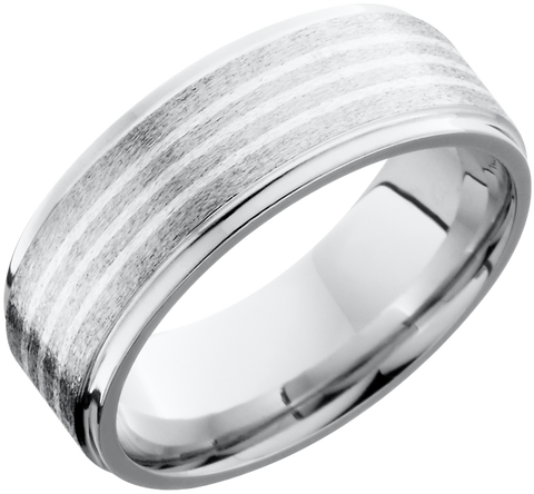 Cobalt chrome 8mm flat band with grooved edges featuring 3, .5mm inlays of sterling silver