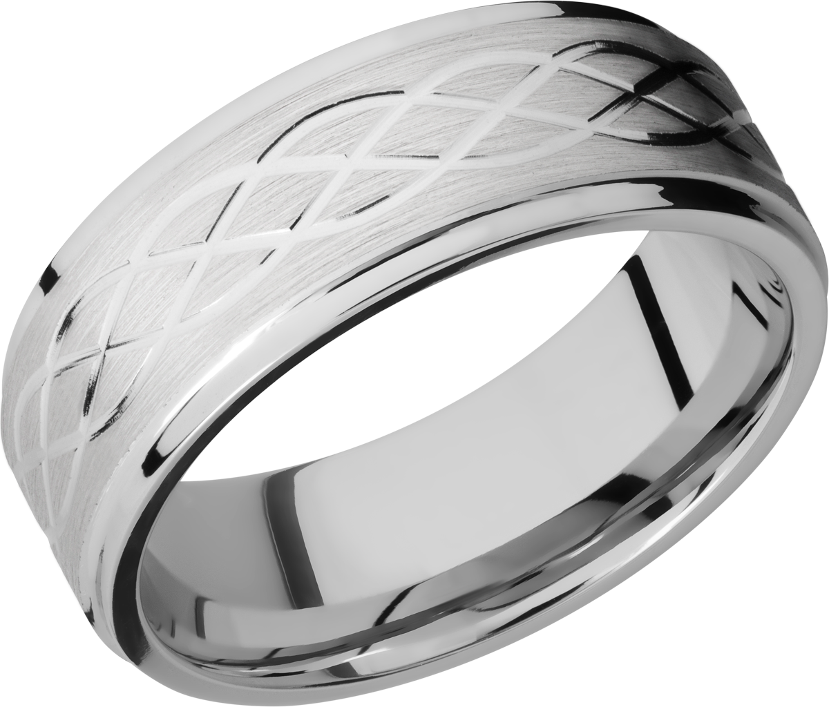 cobalt chrome 8mm flat band with grooved edges and 3, .5mm sterling silver inlays