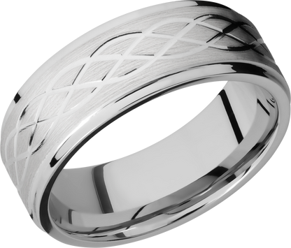 Cobalt chrome 8mm flat band with grooved edges and 3, .5mm sterling silver inlays