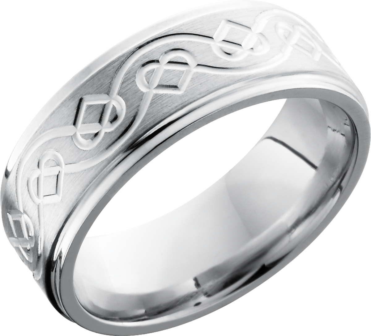 cobalt chrome 8mm flat band with grooved edges and a laser-carved celtic heart pattern