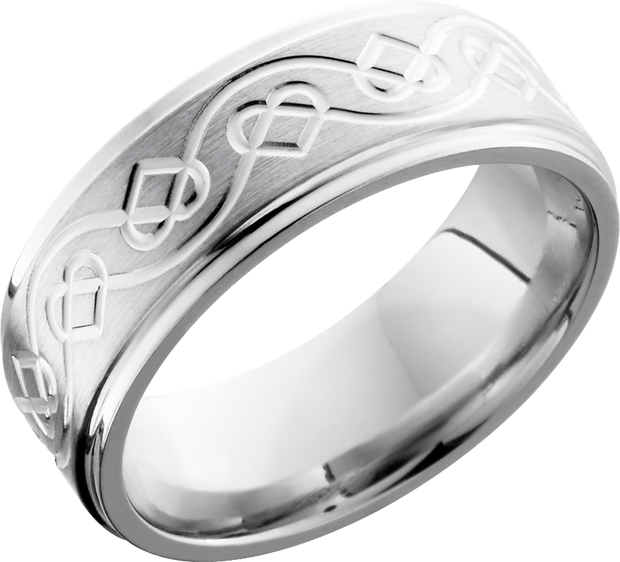 Cobalt chrome 8mm flat band with grooved edges and a laser-carved Celtic heart pattern