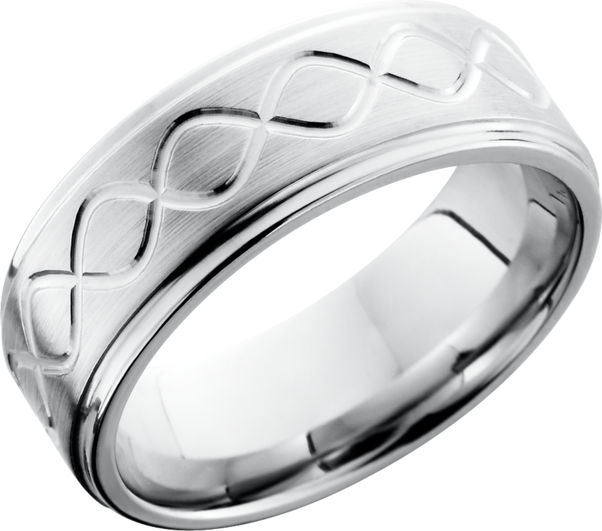 cobalt chrome 8mm flat band with grooved edges and a laser-carved infinity pattern