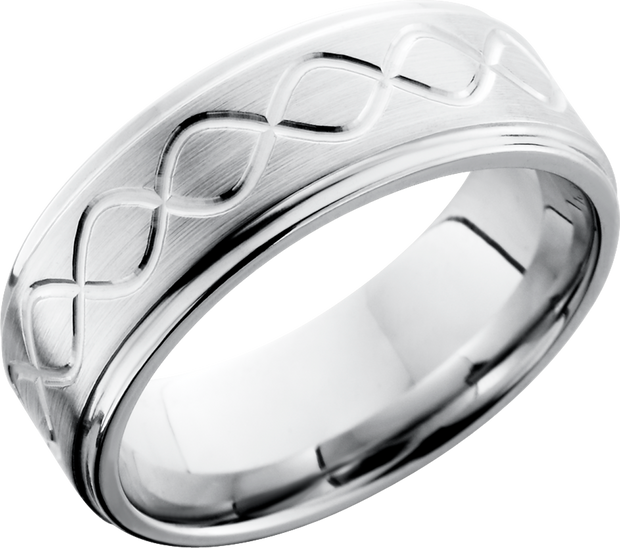 Cobalt chrome 8mm flat band with grooved edges and a laser-carved infinity pattern