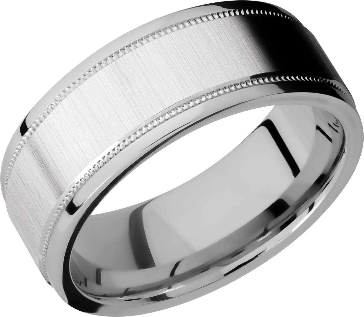 cobalt chrome 8mm flat band with grooved edges and reverse milgrain detail