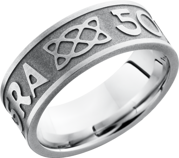 Cobalt chrome 8mm flat band with a laser-carved pattern