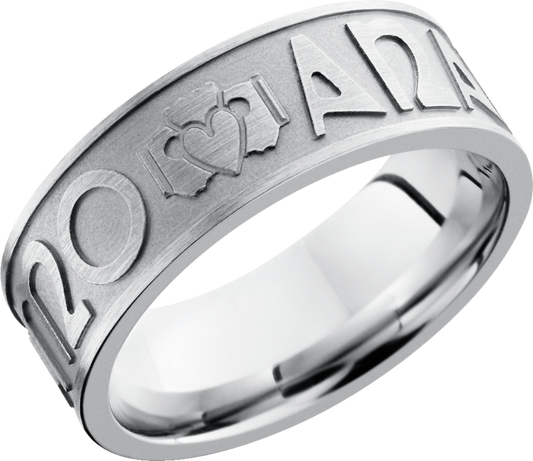 Cobalt chrome 8mm flat band with a laser-carved pattern