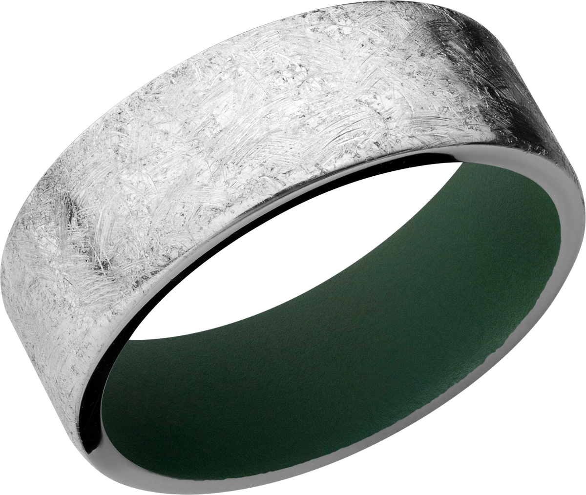 cobalt chrome 8mm flat band with slightly rounded edges and a highland green cerakote sleeve