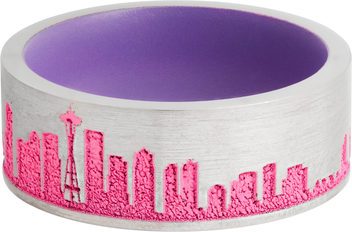 cobalt chrome 8mm flat band with a laser-carved new york skyline featuring pink cerakote in the recessed pattern and bright purple cerakote on the sleeve