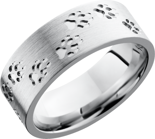 Cobalt chrome 8mm flat band with a laser-carved wolf track pattern