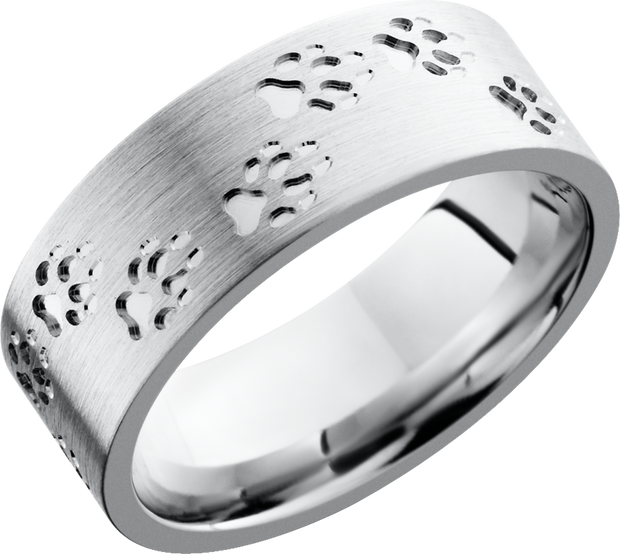 Cobalt chrome 8mm flat band with a laser-carved wolf track pattern
